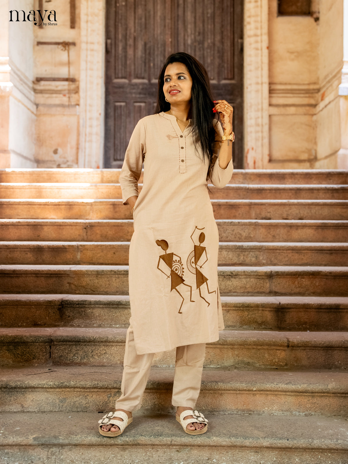 Light Brown Cotton 2pc Warli Embroidered Salwar Suit - Top & Bottom