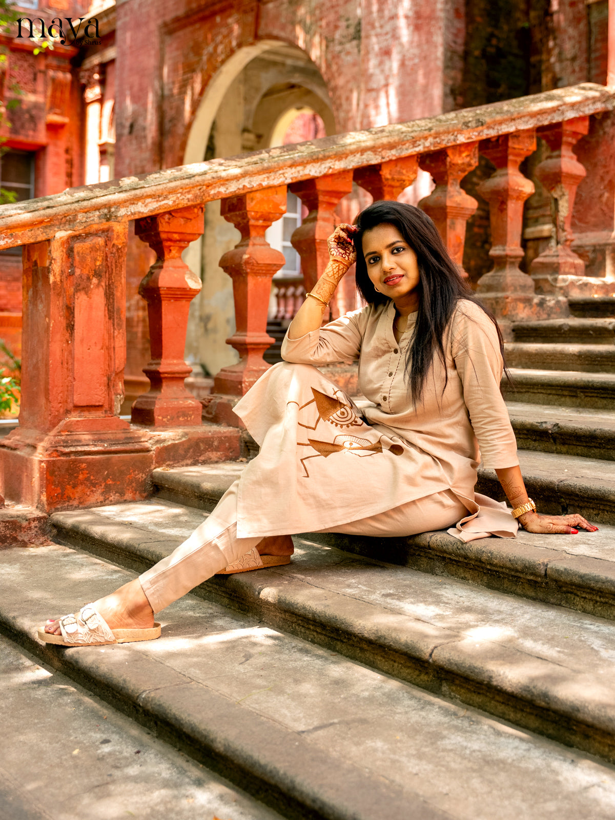 Light Brown Cotton 2pc Warli Embroidered Salwar Suit - Top & Bottom
