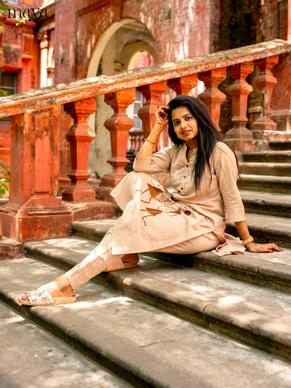 Light Brown Cotton 2pc Warli Embroidered Salwar Suit - Top & Bottom