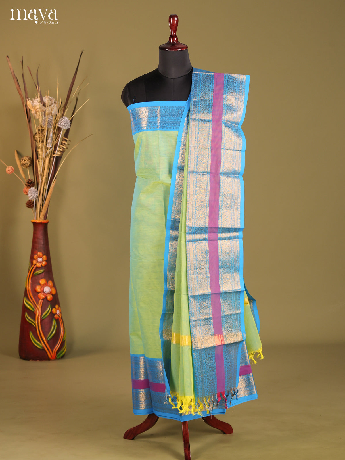 Pista Green & Blue  - chettinad top & dupatta combo