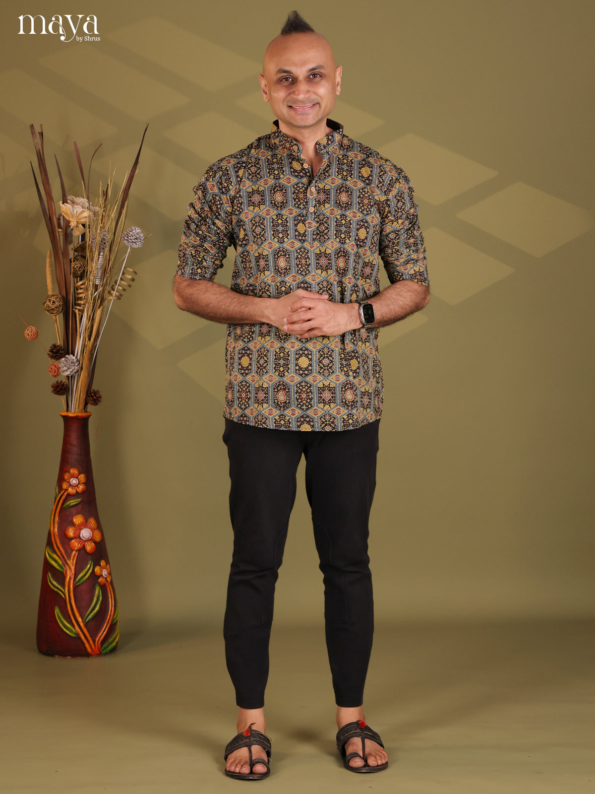Multicolour Cotton Ajrakh Print Short Men Kurta