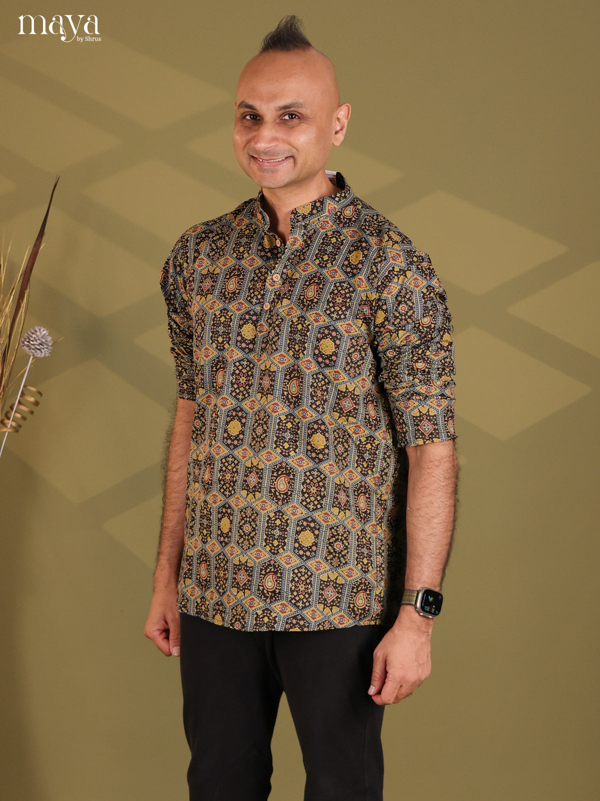 Multicolour Cotton Ajrakh Print Short Men Kurta