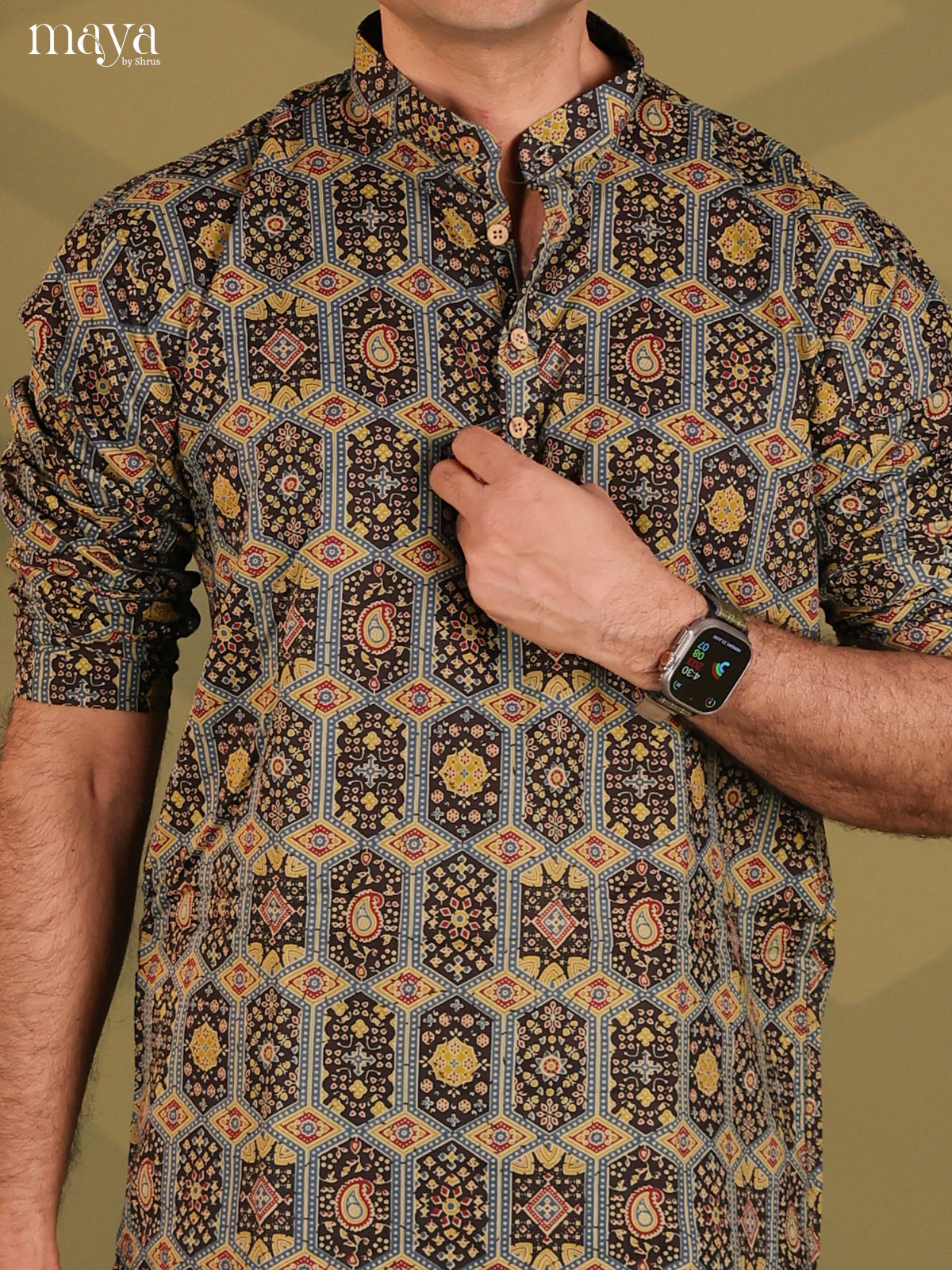Multicolour Cotton Ajrakh Print Short Men Kurta