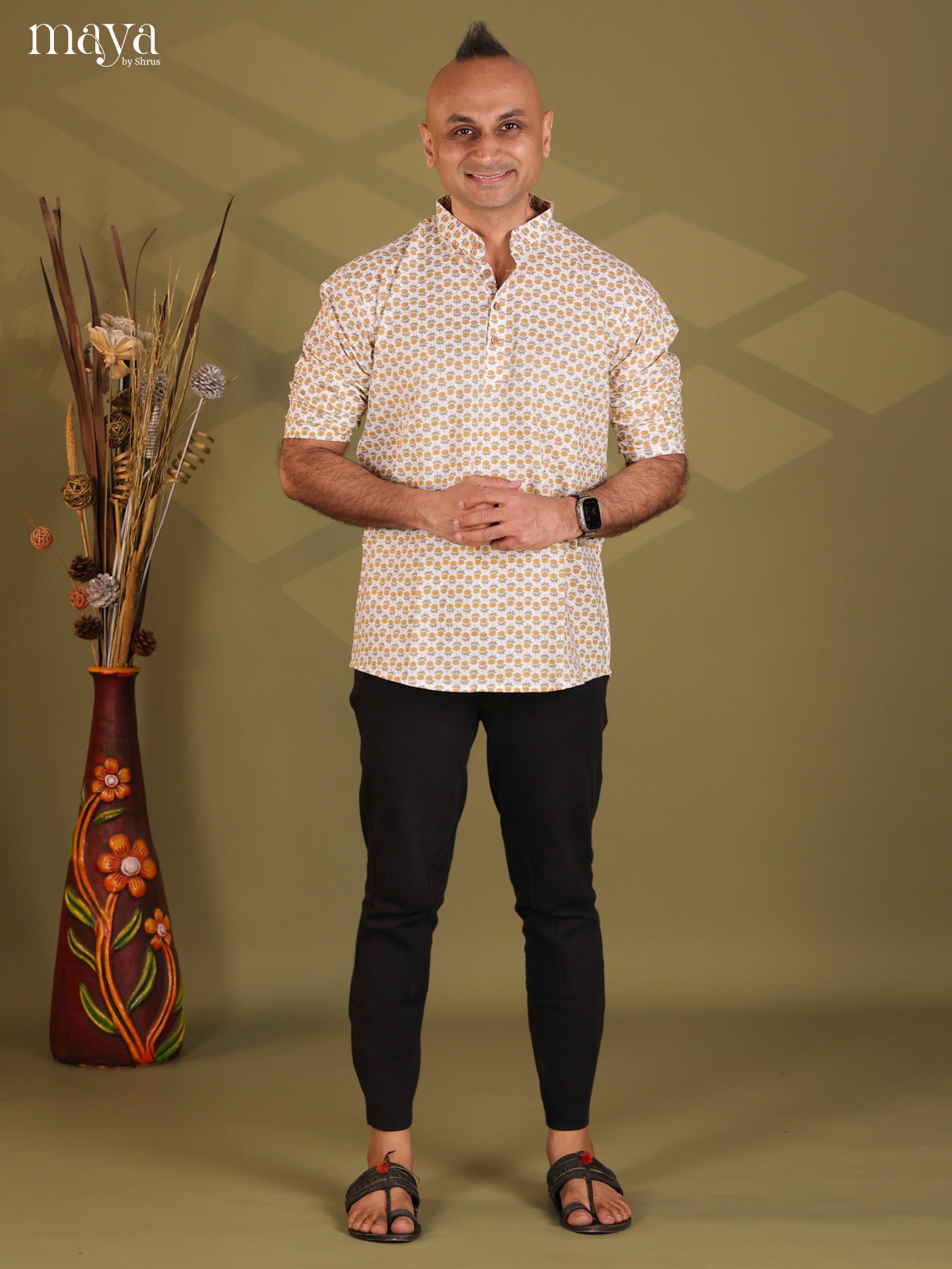 White Cotton Floral Print Short Men Kurta
