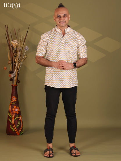 White Cotton Floral Print Short Men Kurta