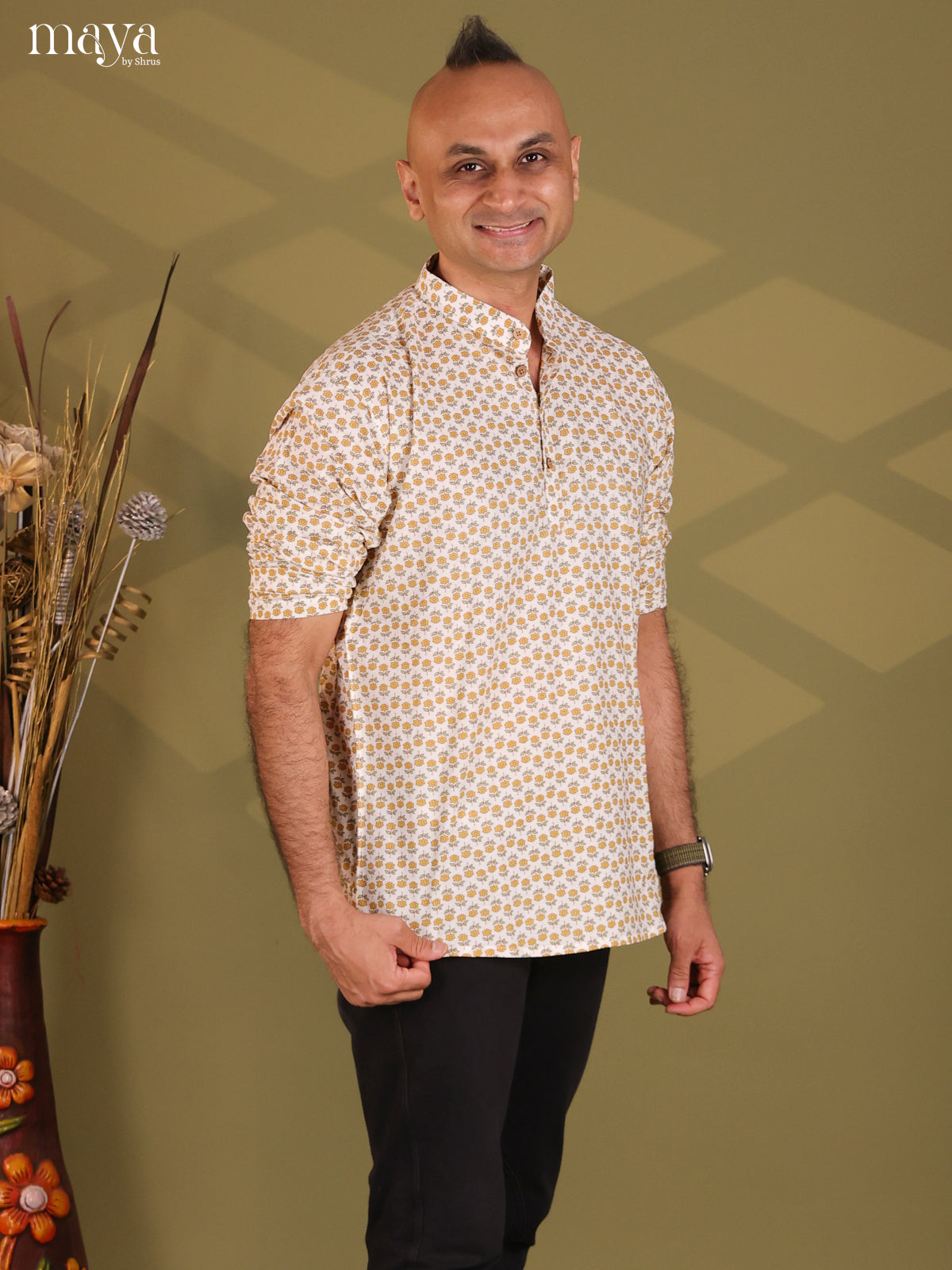 White Cotton Floral Print Short Men Kurta