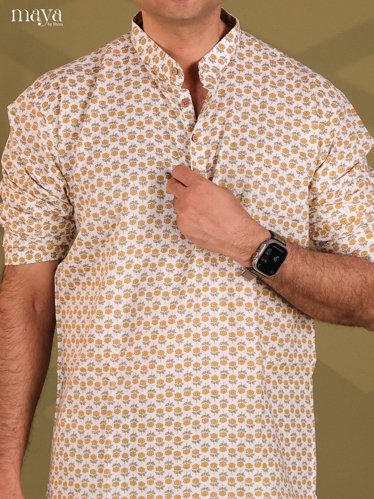 White Cotton Floral Print Short Men Kurta