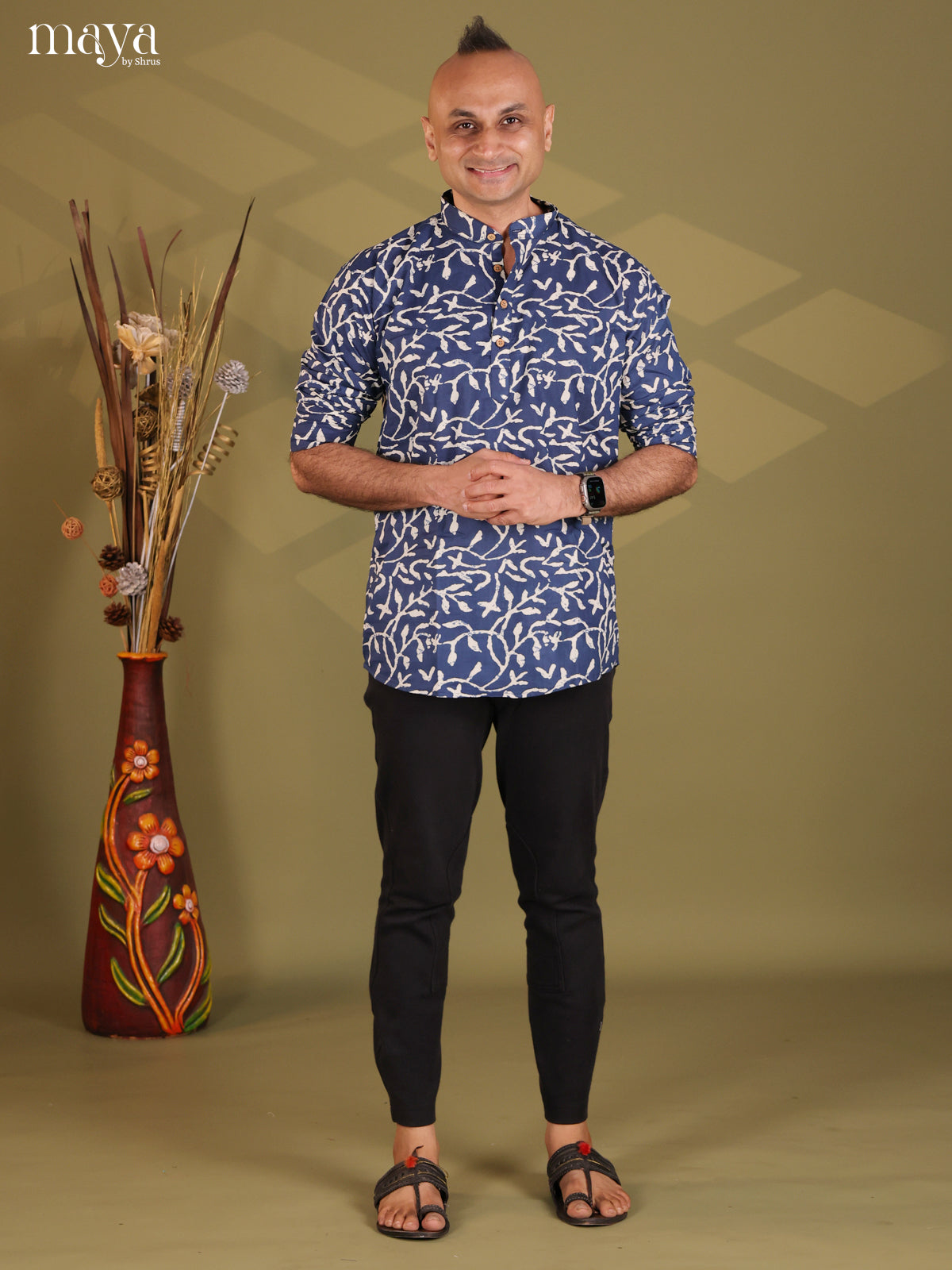 Navy Blue Cotton Floral Print Short Men Kurta