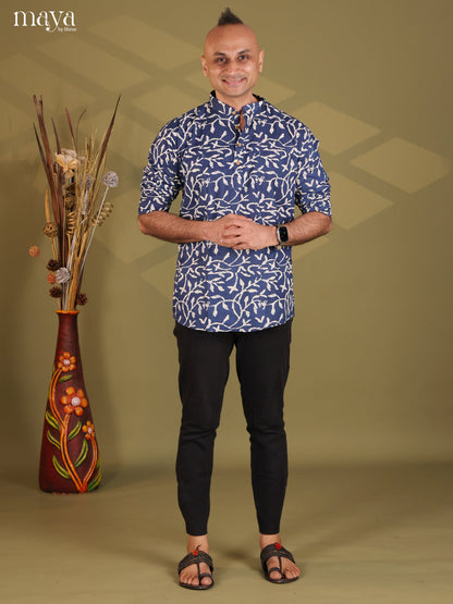 Navy Blue Cotton Floral Print Short Men Kurta