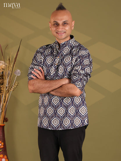 Navy Blue Cotton Printed Short Men Kurta