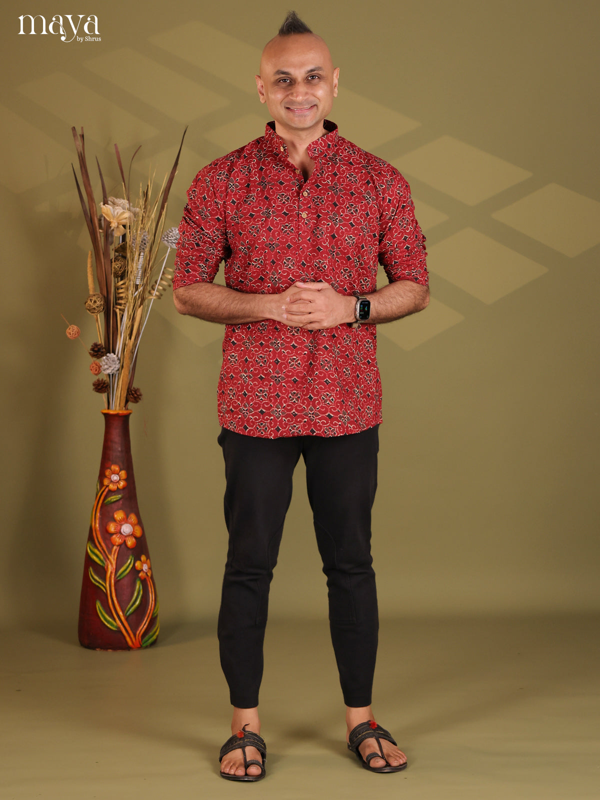 Maroon Cotton Floral Printed Short Men Kurta