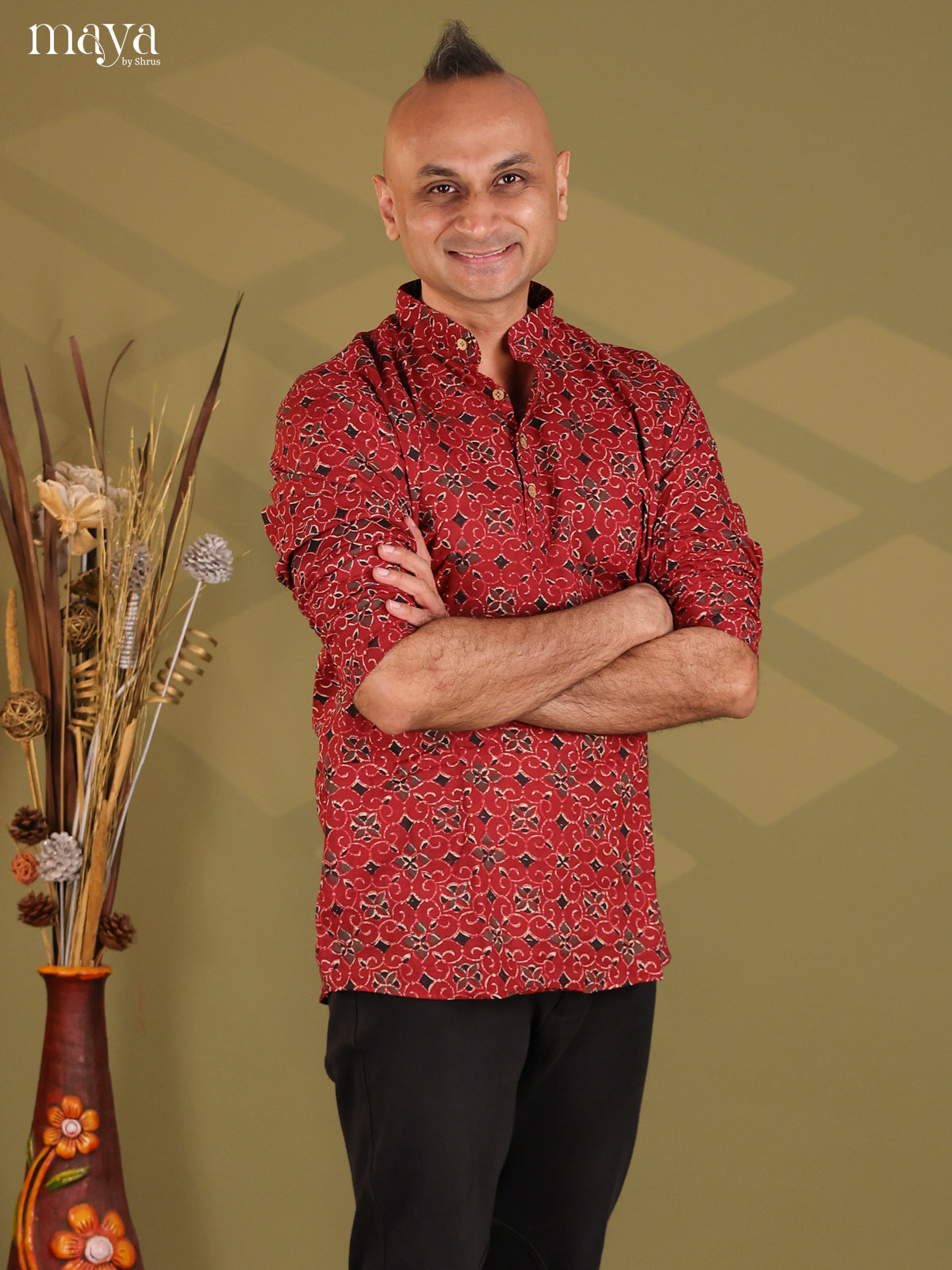 Maroon Cotton Floral Printed Short Men Kurta