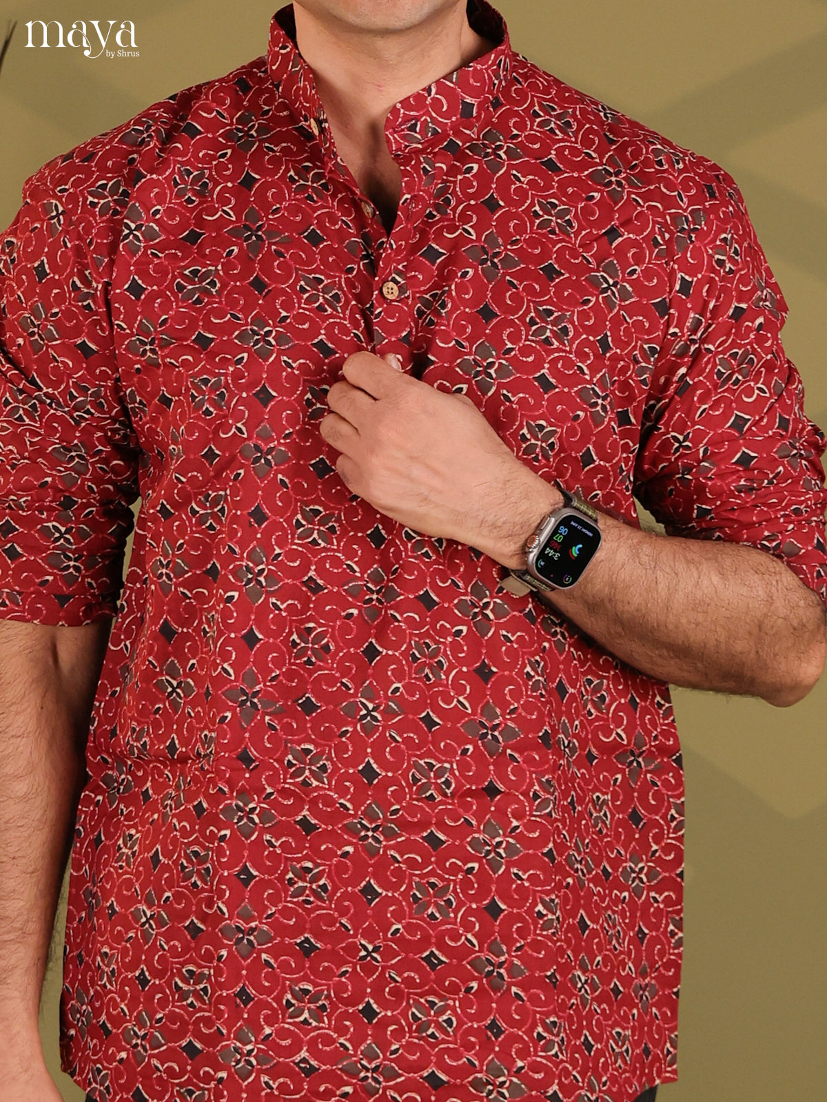Maroon Cotton Floral Printed Short Men Kurta