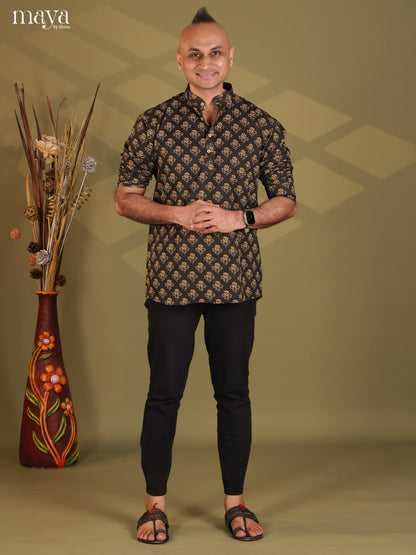Brown Cotton Floral Print Short Men Kurta