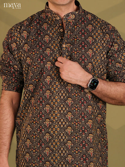 Brown Cotton Floral Print Short Men Kurta