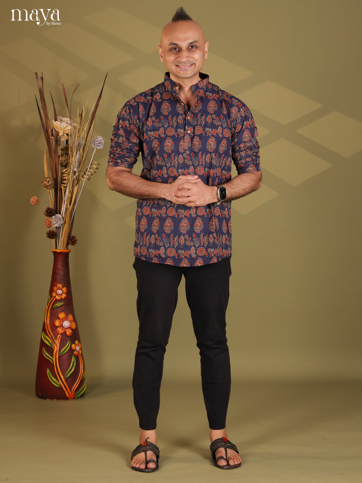 Navy Blue Cotton Floral Print Short Men Kurta