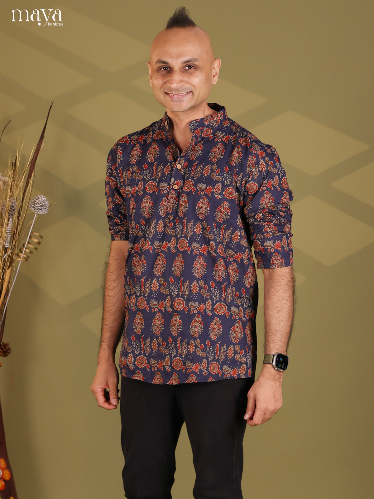 Navy Blue Cotton Floral Print Short Men Kurta