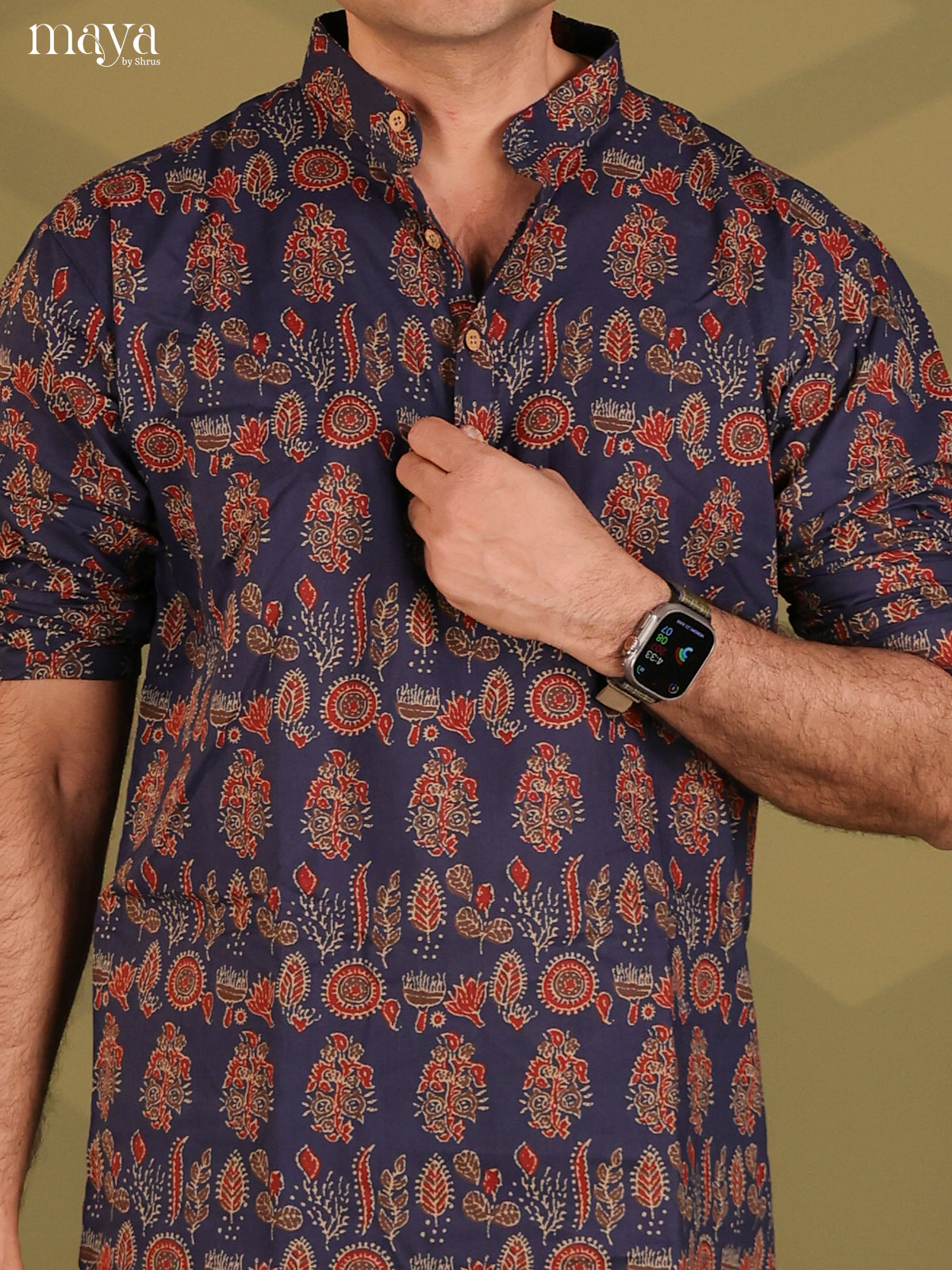 Navy Blue Cotton Floral Print Short Men Kurta