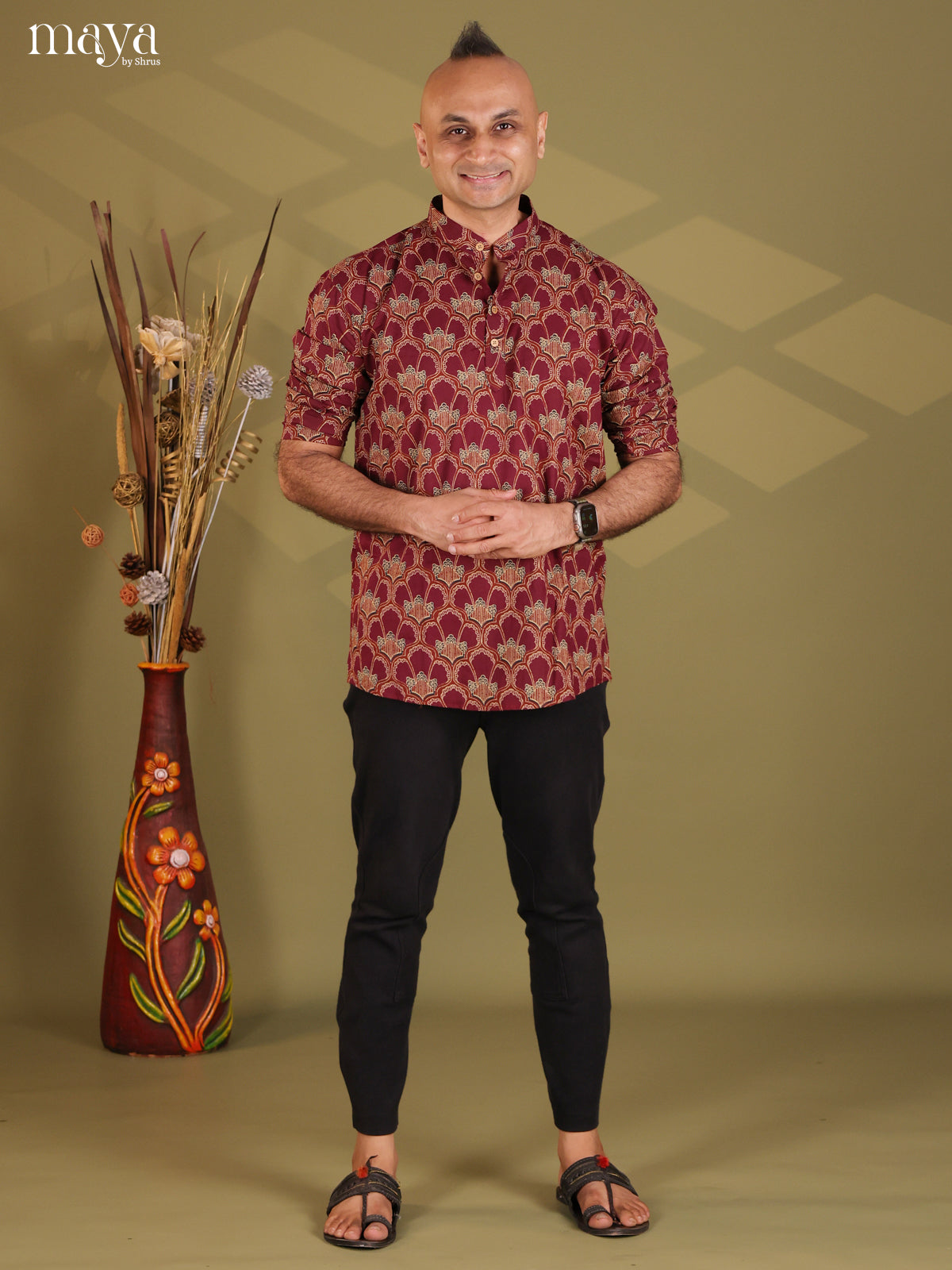 Maroon Cotton Floral Printed Short Men Kurta