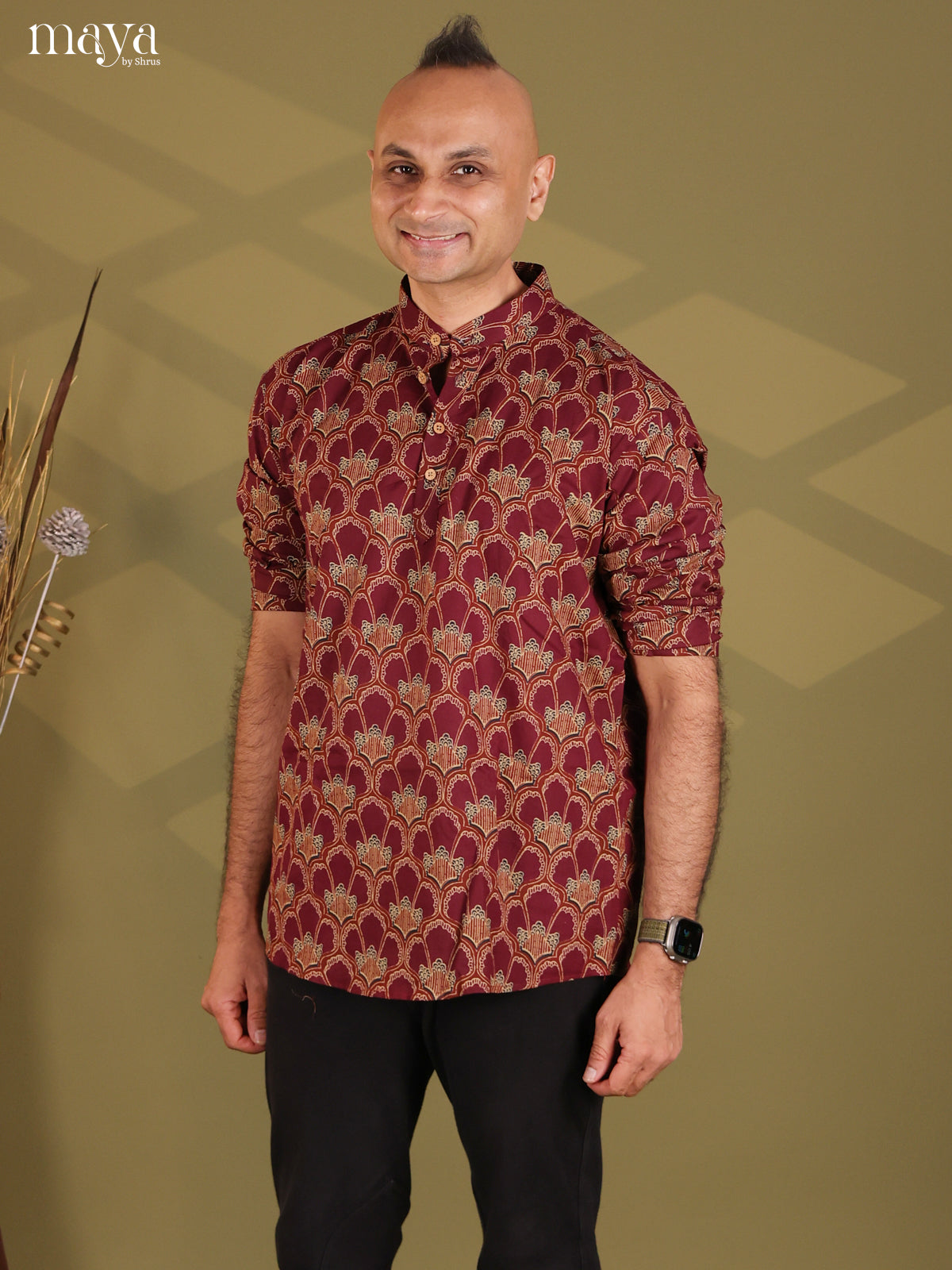 Maroon Cotton Floral Printed Short Men Kurta