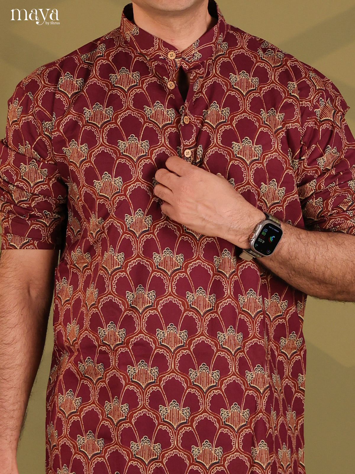 Maroon Cotton Floral Printed Short Men Kurta