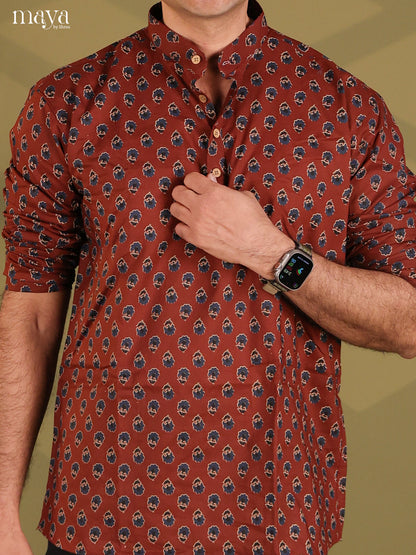 Maroon Cotton Floral Printed Short Men Kurta