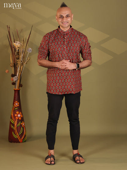 Maroon Cotton Floral Printed Short Men Kurta