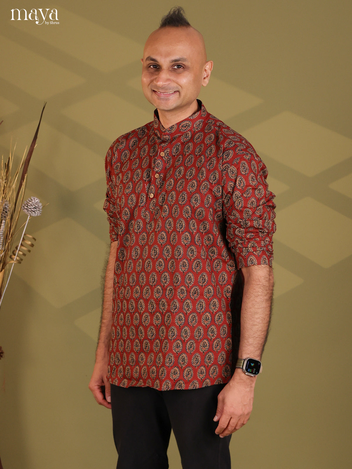Maroon Cotton Floral Printed Short Men Kurta