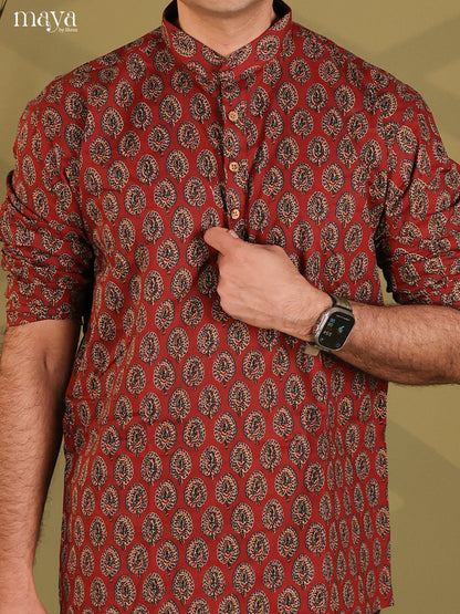 Maroon Cotton Floral Printed Short Men Kurta