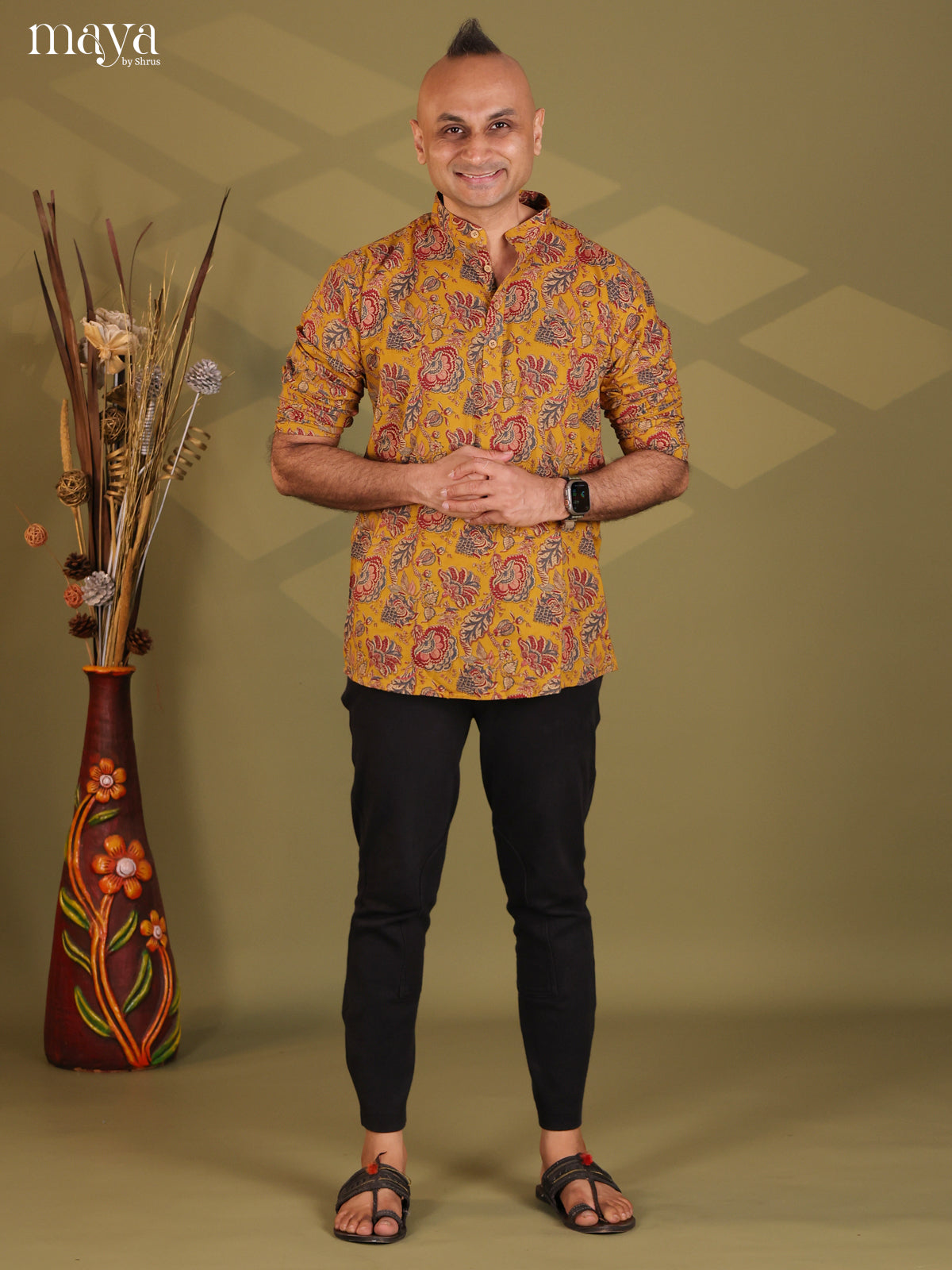 Mustard Cotton Floral Print Short Men Kurta