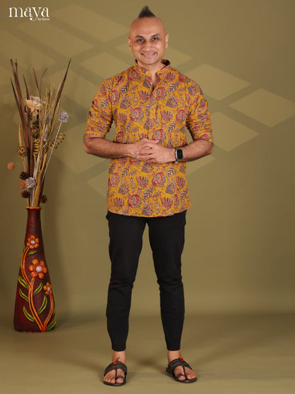 Mustard Cotton Floral Print Short Men Kurta