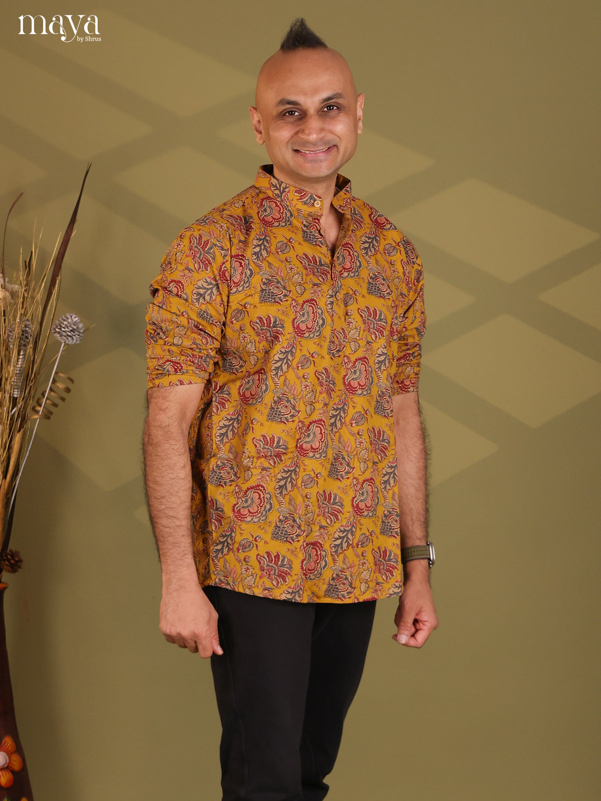 Mustard Cotton Floral Print Short Men Kurta