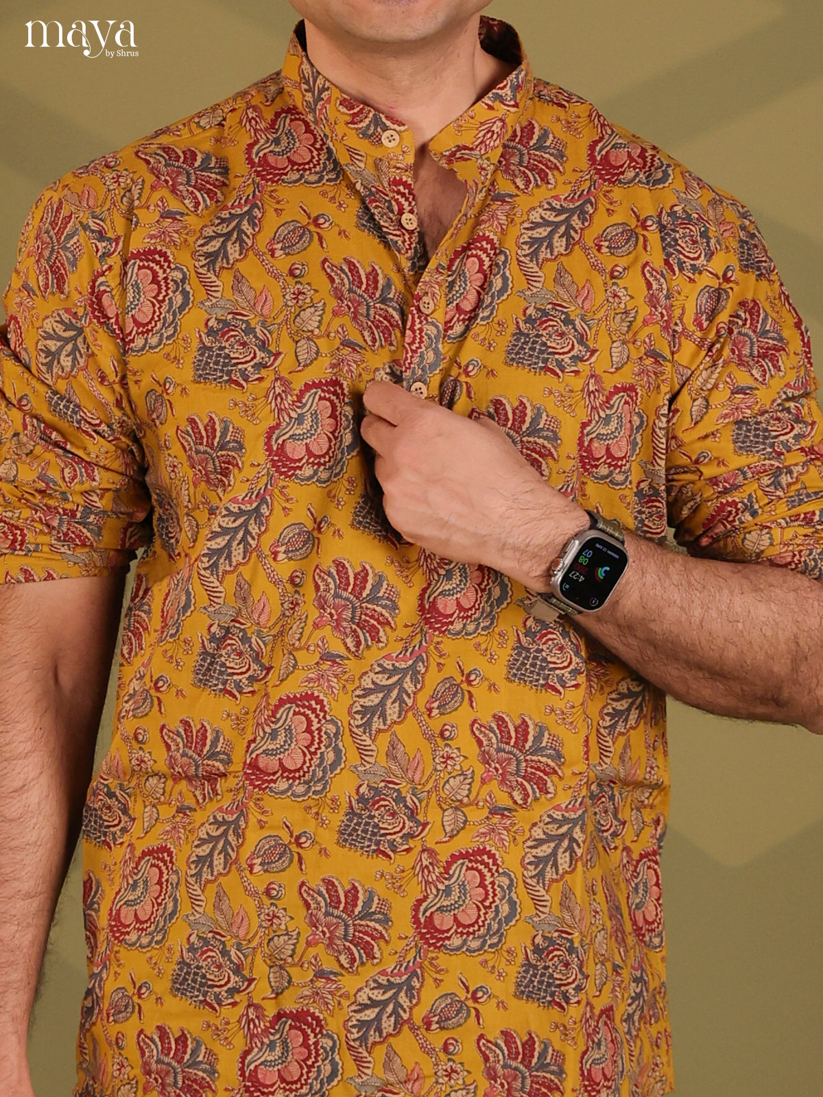Mustard Cotton Floral Print Short Men Kurta