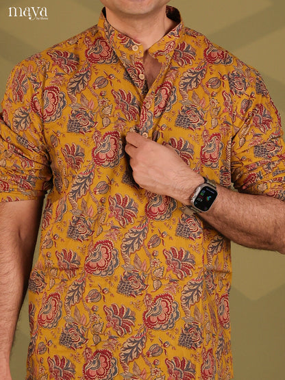 Mustard Cotton Floral Print Short Men Kurta