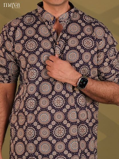 Black Cotton Ajrakh Print Short Men Kurta