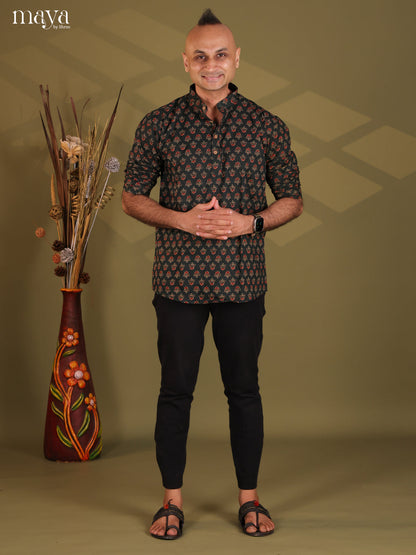 Black Cotton Floral Print Short Men Kurta