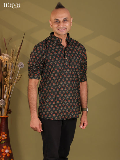 Black Cotton Floral Print Short Men Kurta