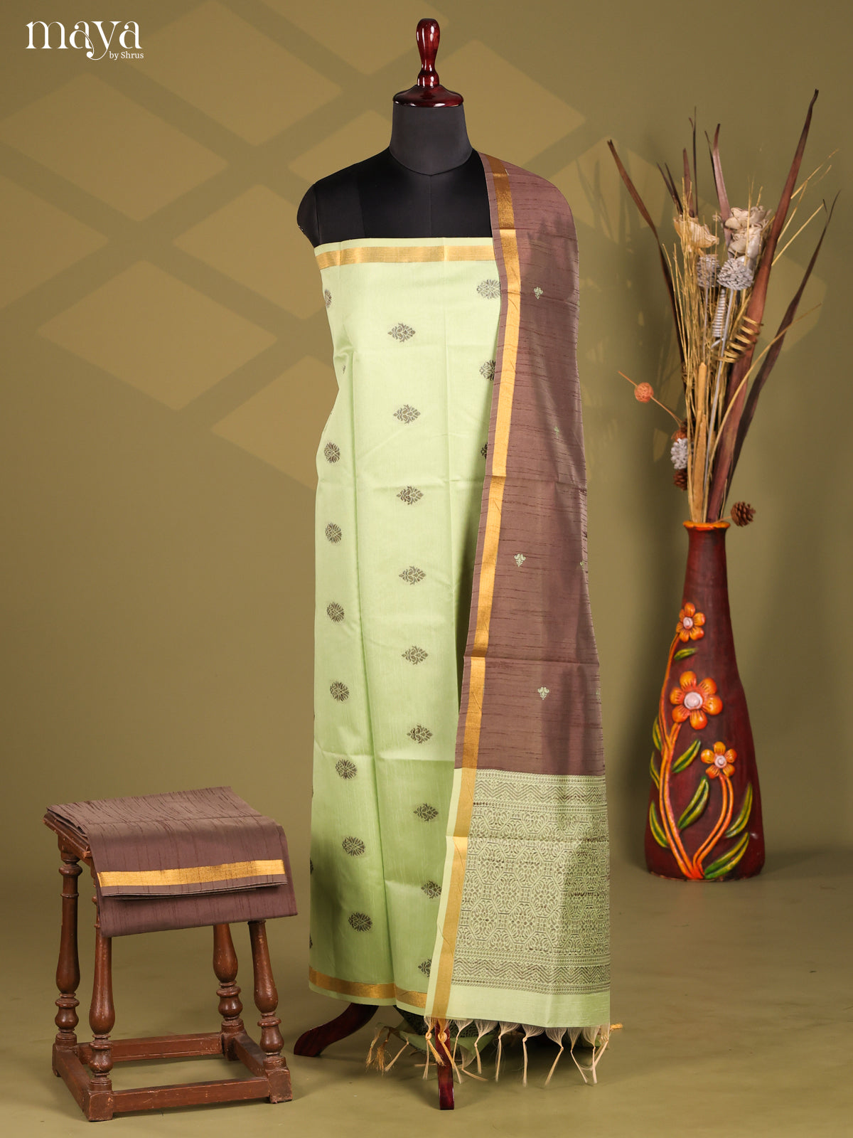 Pista Green & Brown - Semi rawsilk salwar