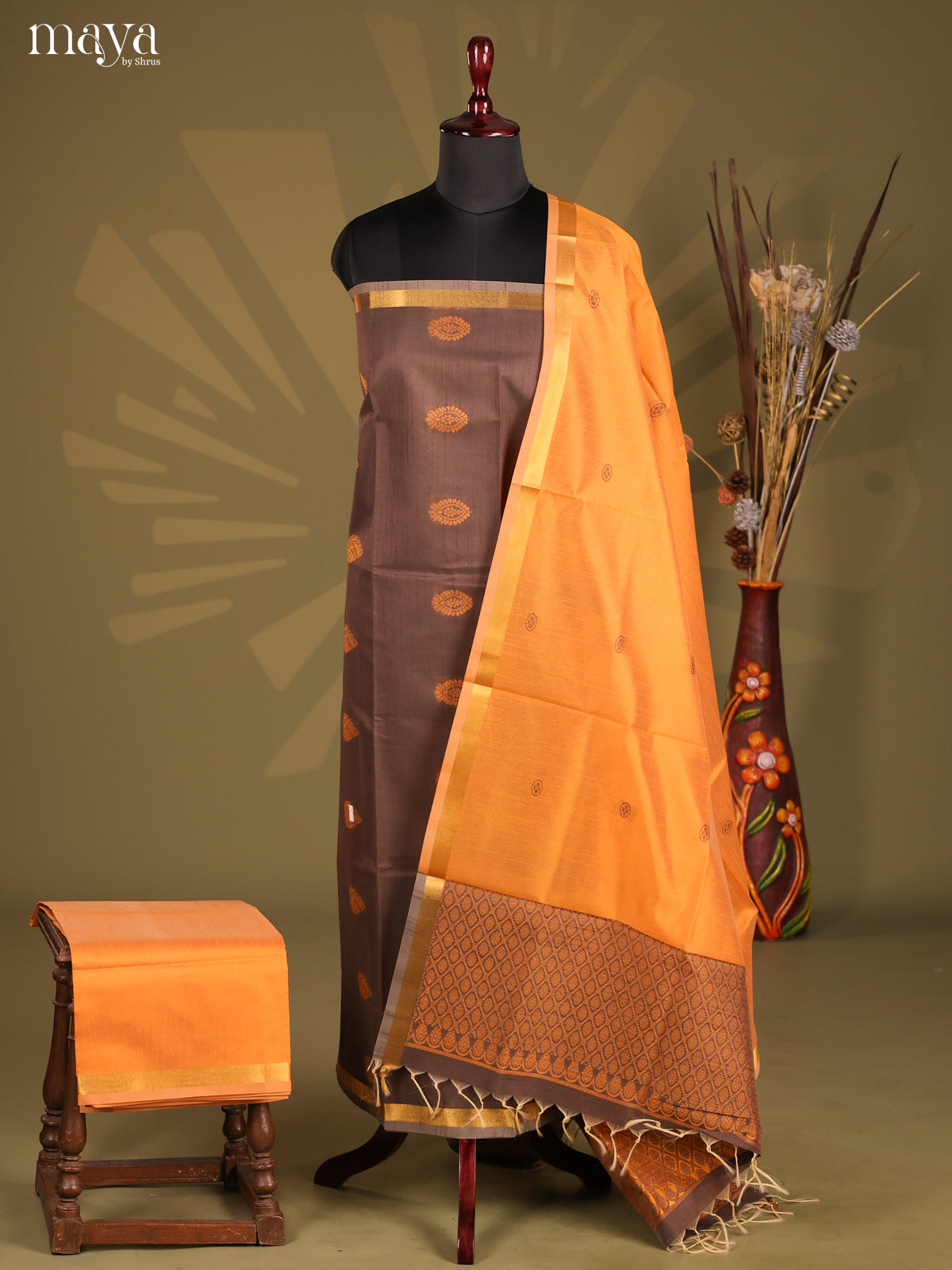 Grey & Orange - Semi rawsilk salwar
