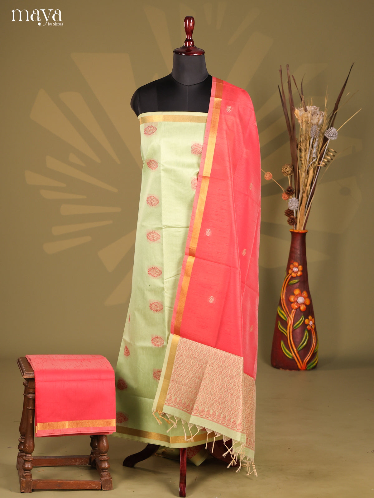 Pista Green & Red - Semi rawsilk salwar