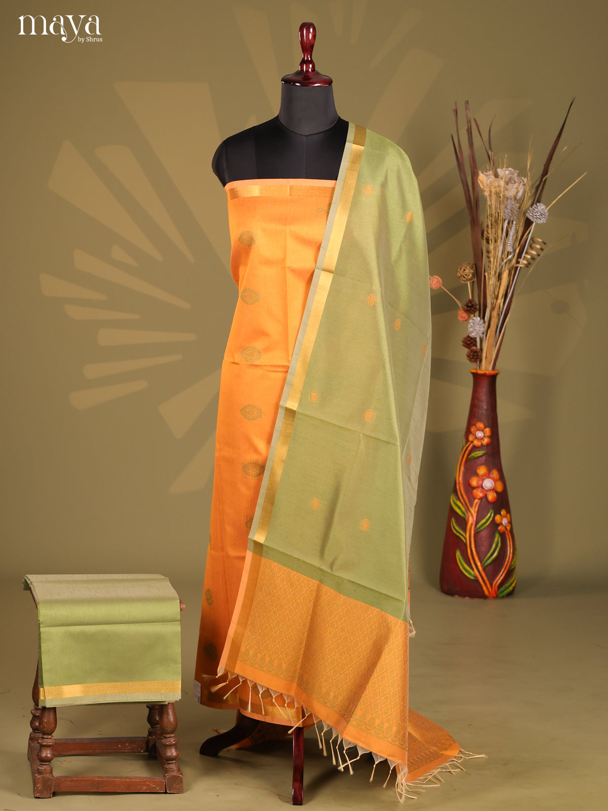 Orange & Green - Semi rawsilk salwar