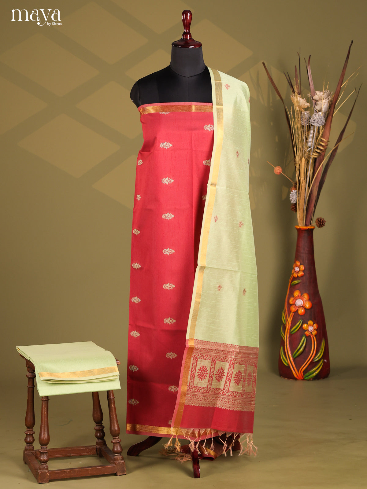 Red & PistaGreen - Semi rawsilk salwar
