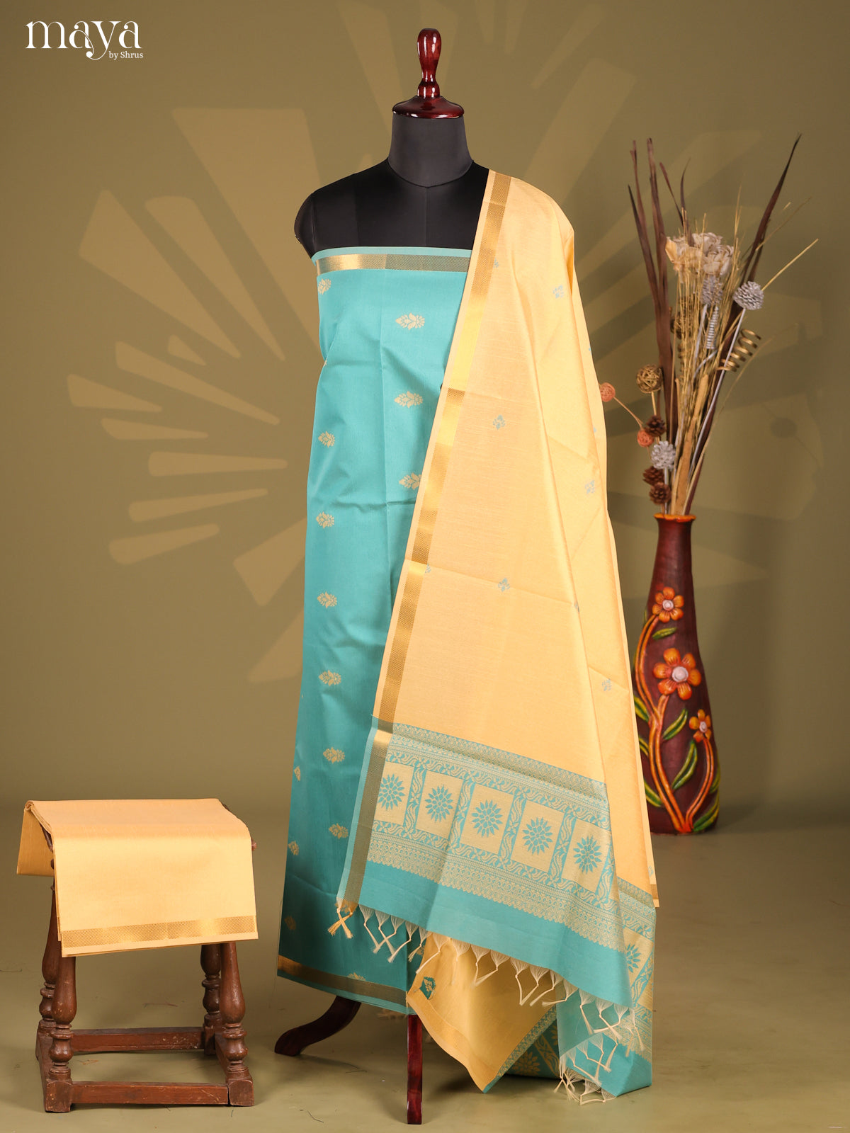 Pastel Blue & peach- Semi rawsilk salwar