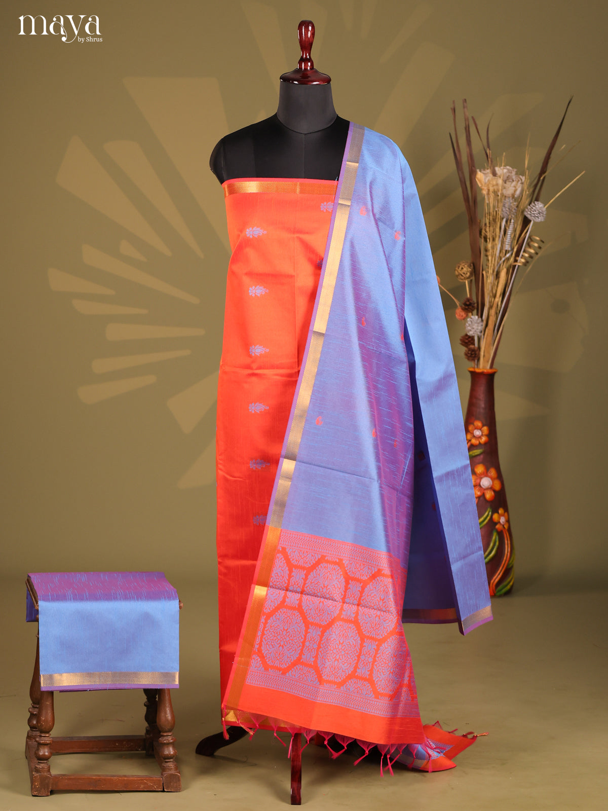 Orange & Blue - Semi rawsilk salwar
