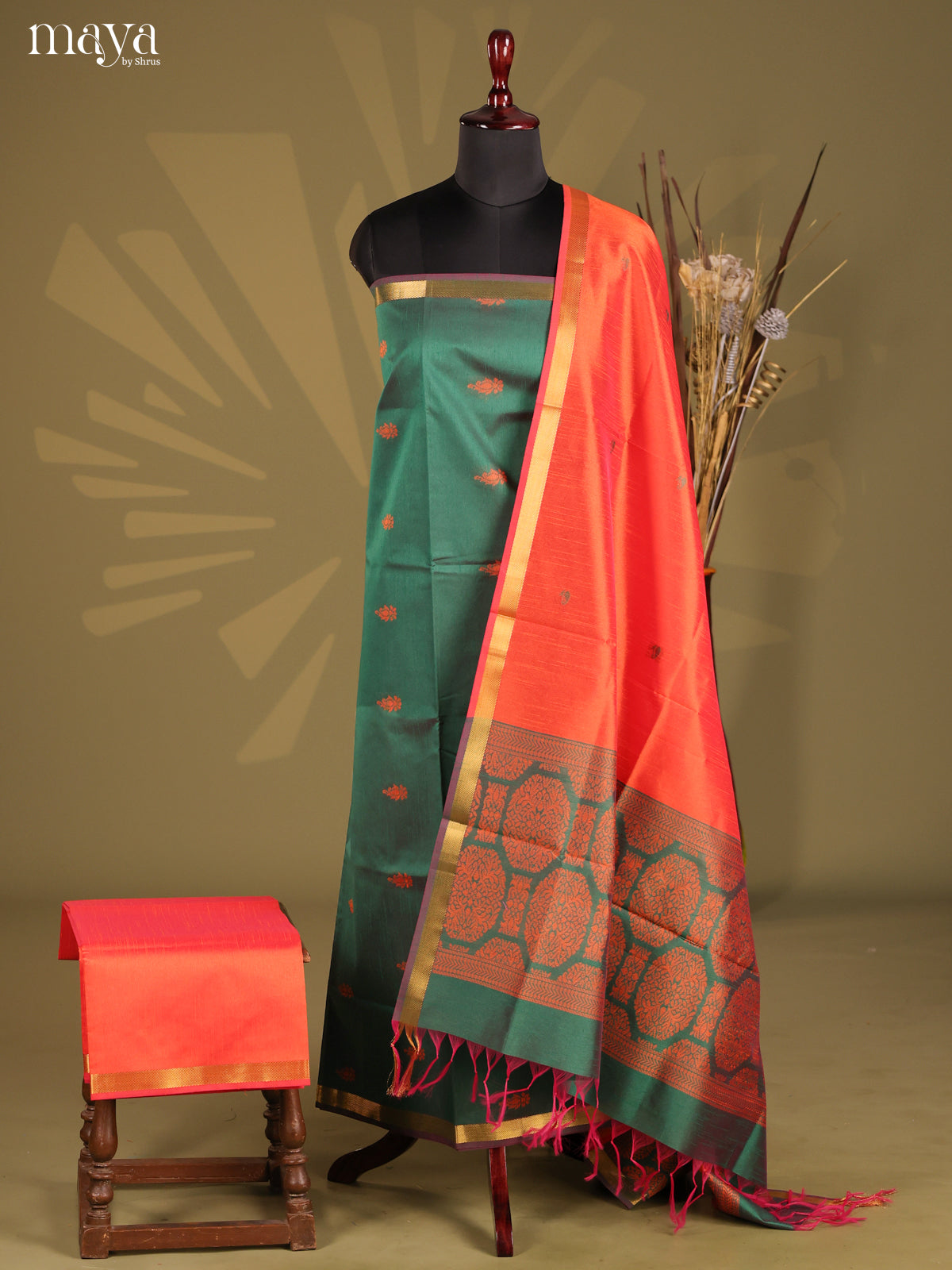Green & Orange - Semi rawsilk salwar