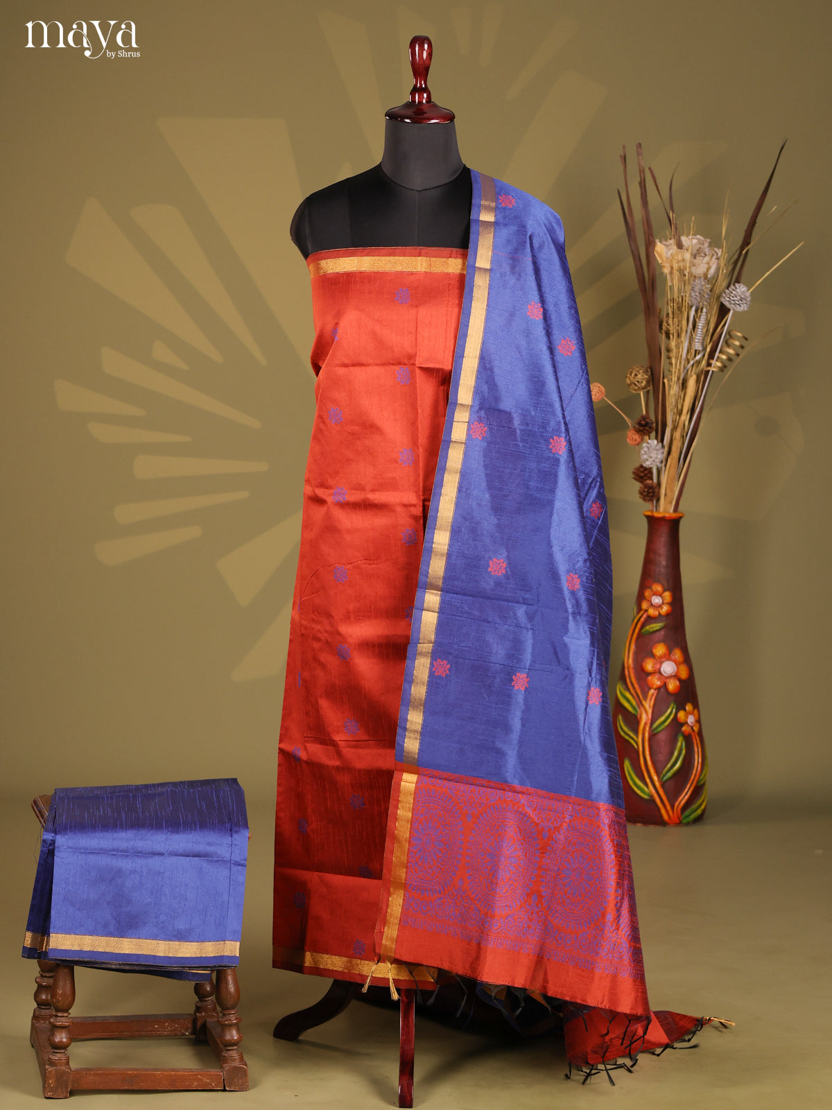 Red & Blue - Semi rawsilk salwar