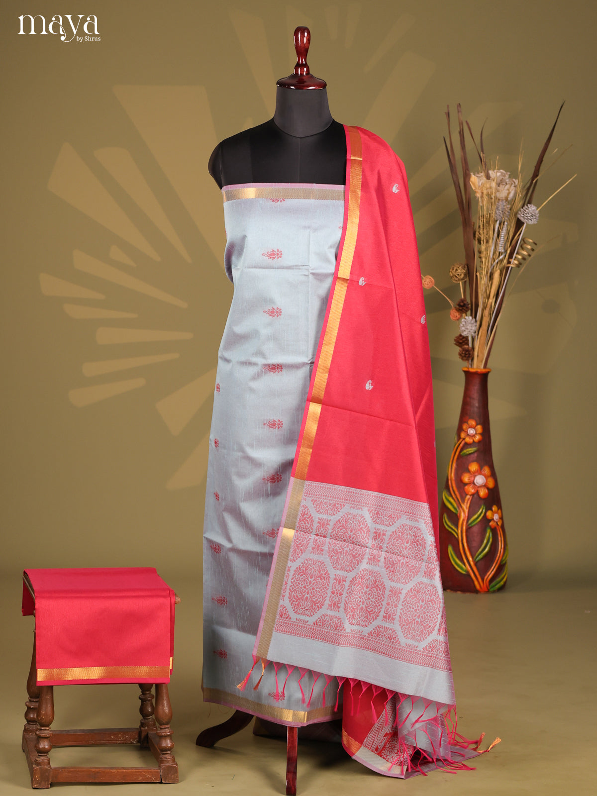 Grey & Red - Semi rawsilk salwar
