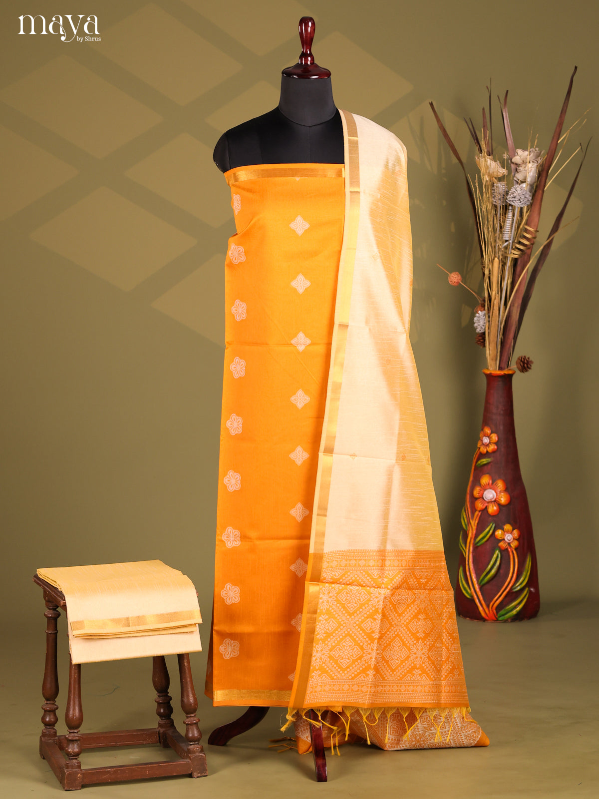 Mustard & Cream- Semi rawsilk salwar