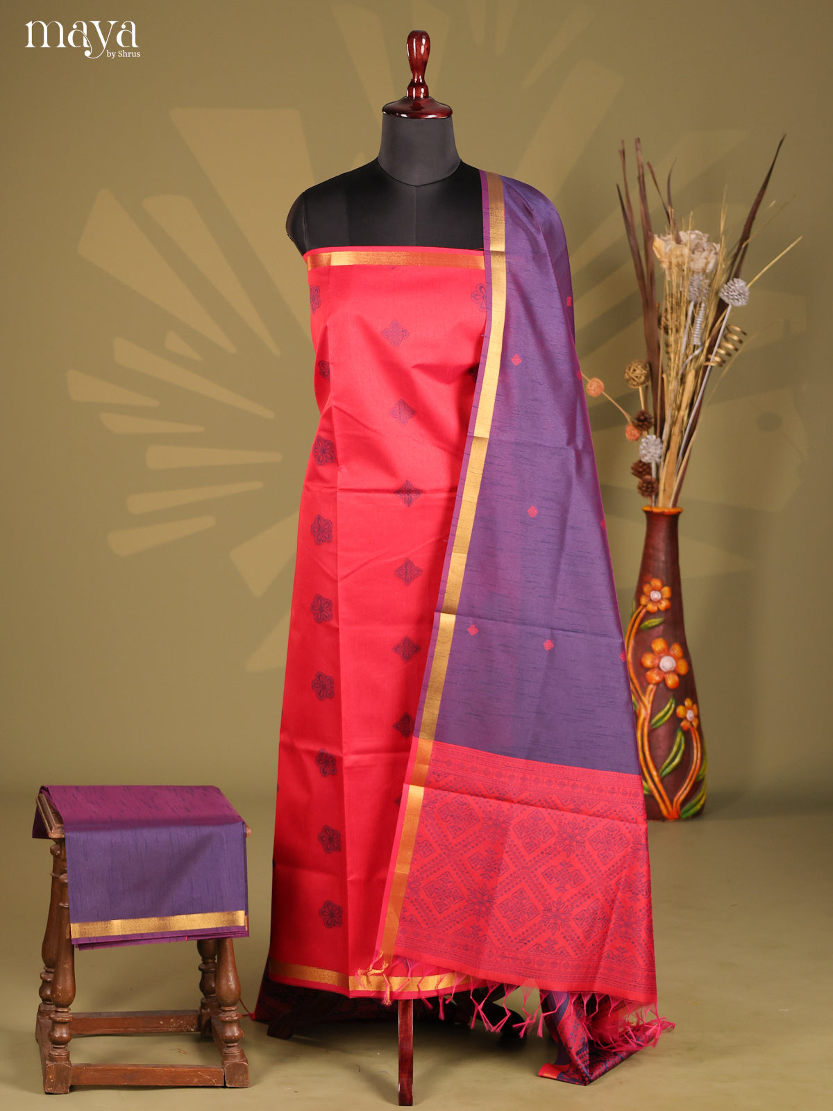 Red & Purple - Semi rawsilk salwar
