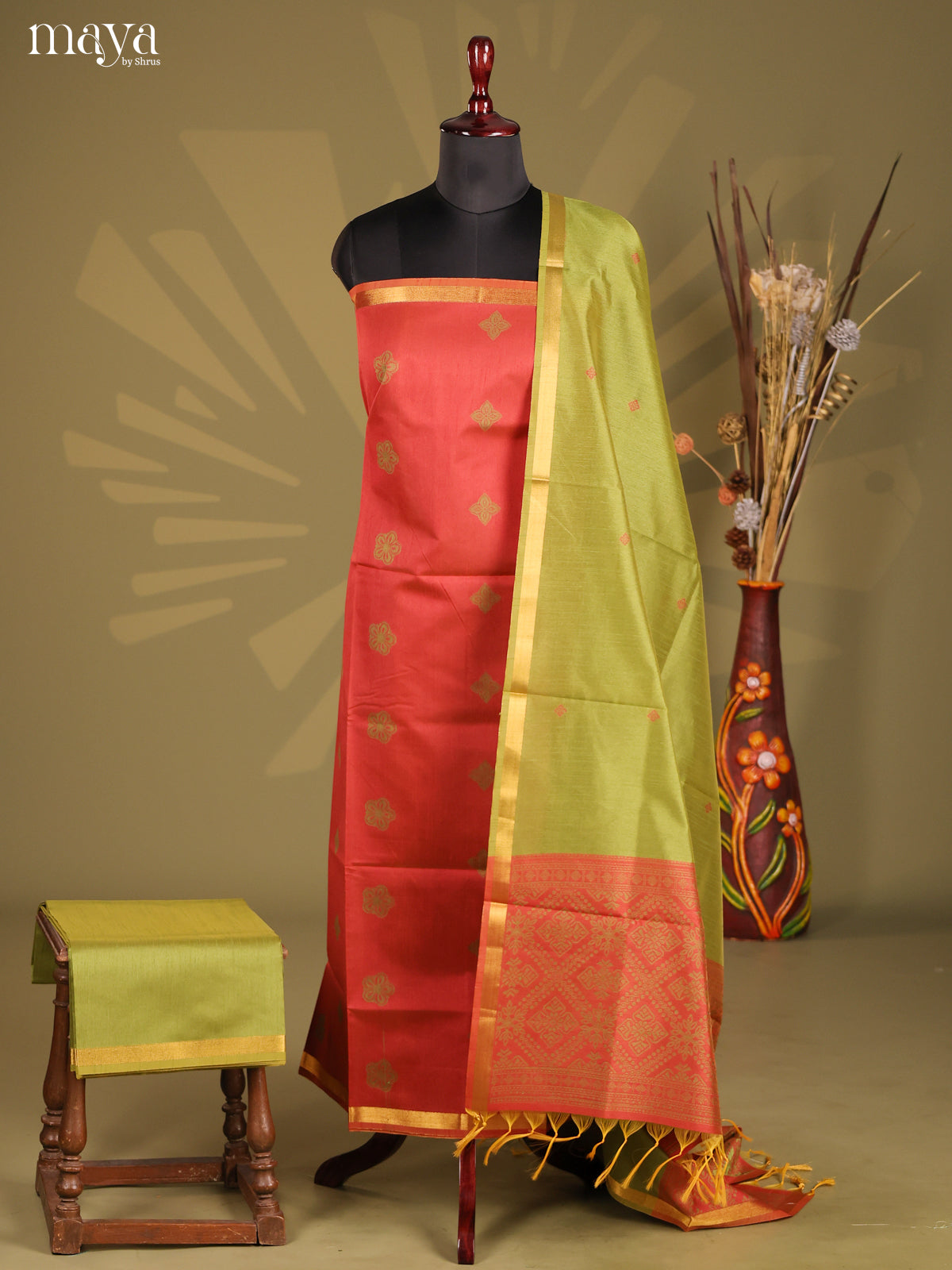 Red & Green - Semi rawsilk salwar